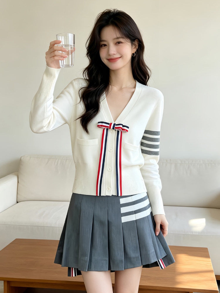 Thom Browne Style White Bow-Front Knit Cardigan