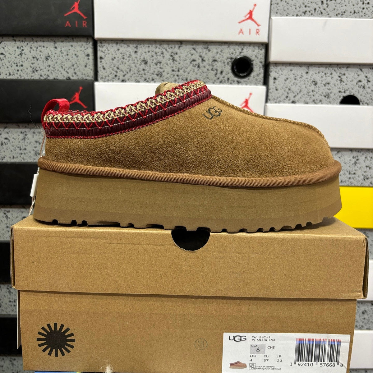 UGG Tazz Platform Slipper – Women’s Suede Clog with Red & Gold Braided Collar in Chestnut