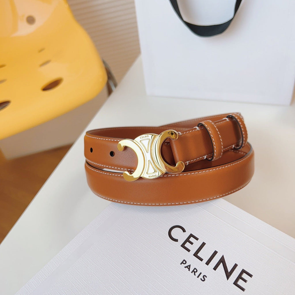 CELINE 25S TRIOMPHE BELT 25MM IN CARAMEL CALFSKIN GOLD HARDWARE 580704