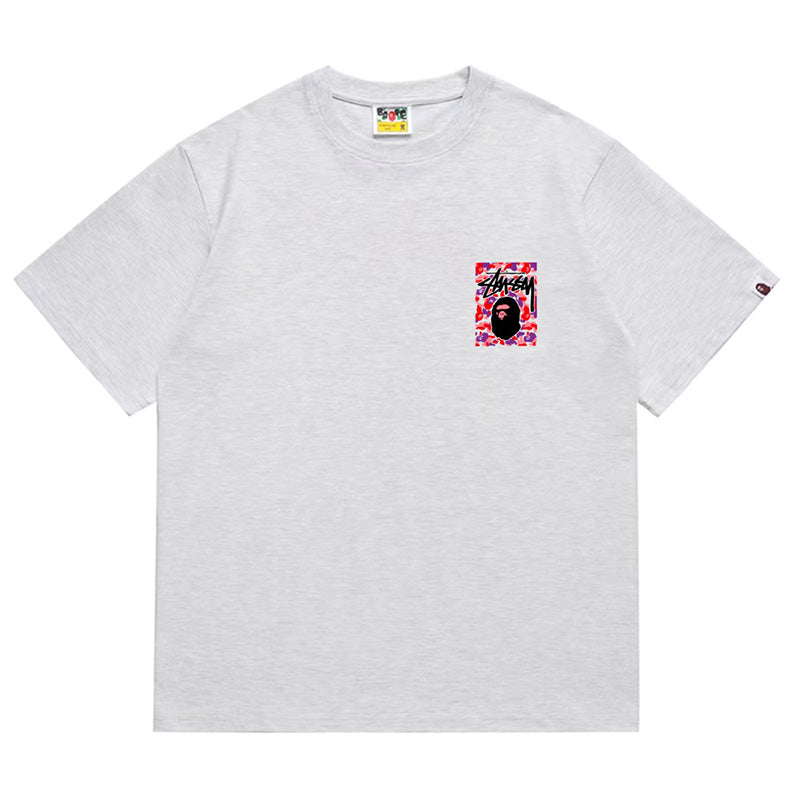 BAPE x Stussy Red Camo Back Print Men's T-Shirt - Gray