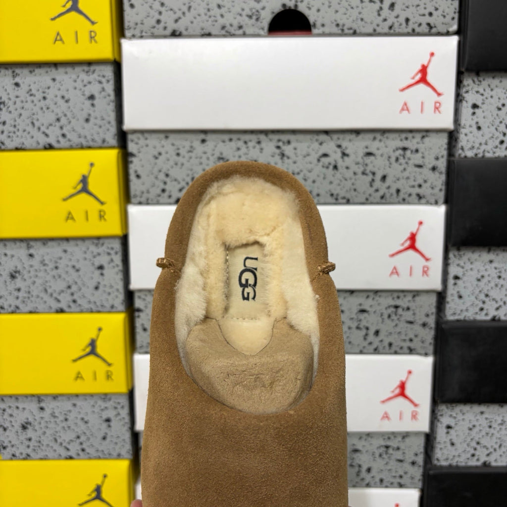 UGG Suede Mule – Women’s Backless Clog with Gold Chain Accent & Shearling Lining in Wheat