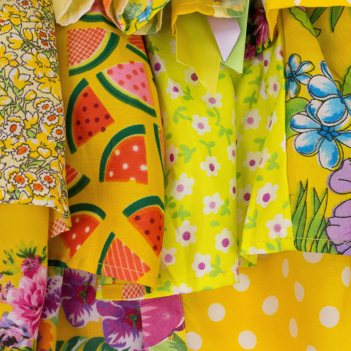 YELLOW RUFFLED PATCHWORK RIBBON BLOUSE
