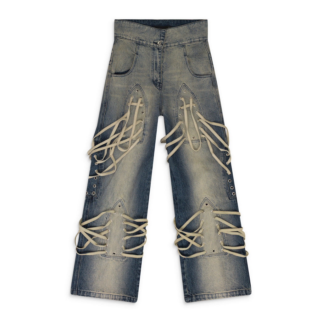 INDIGO LACED STAINED WIDE-LEG JEANS
