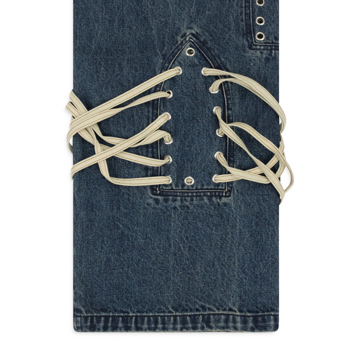 INDIGO LACED STAINED WIDE-LEG JEANS
