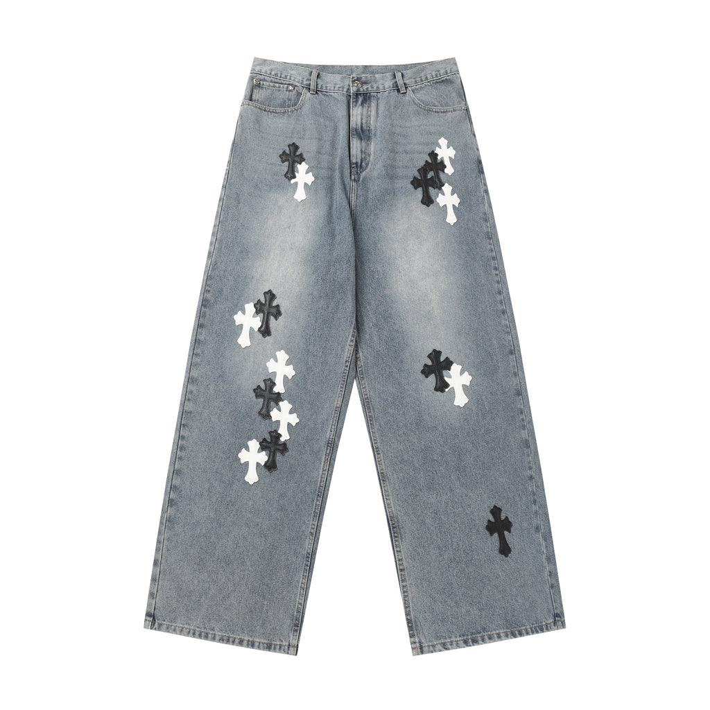 Chrome Hearts White & black Leather Cross Patches Jeans
