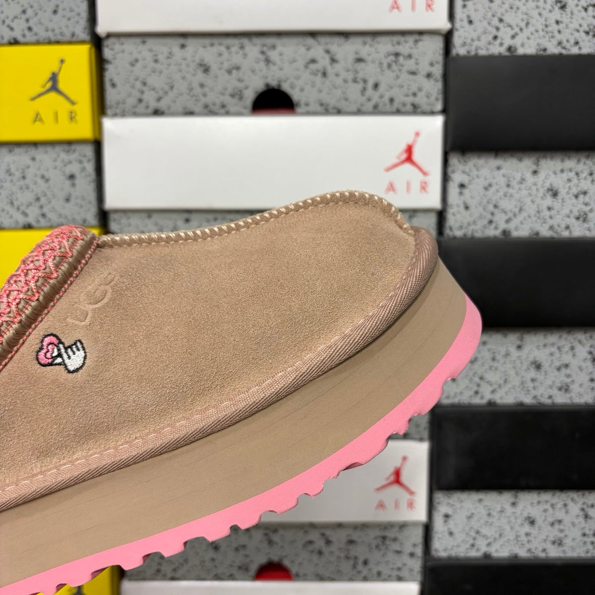 UGG Tazz Platform Slipper – Women’s Suede Clog with Pink Sole & Heart Embroidery in Sand