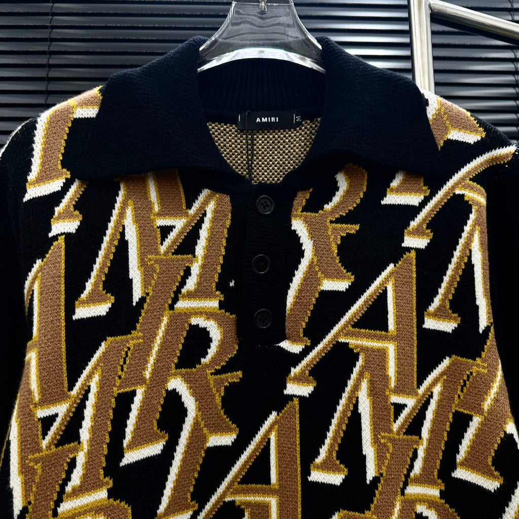 AMIRI All‑Over Letter Jacquard Short‑Sleeve Knit Polo Shirt