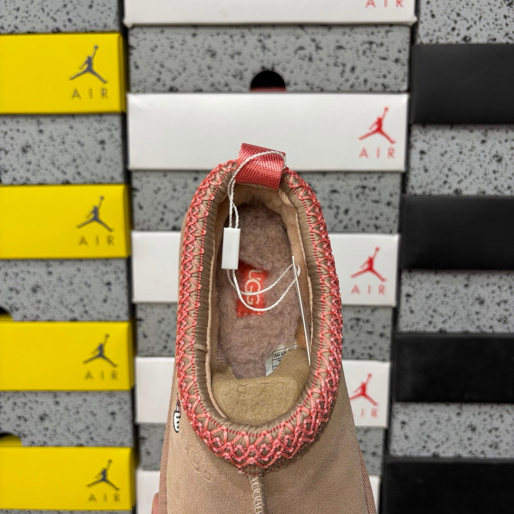UGG Tazz Platform Slipper – Women’s Suede Clog with Pink Sole & Heart Embroidery in Sand