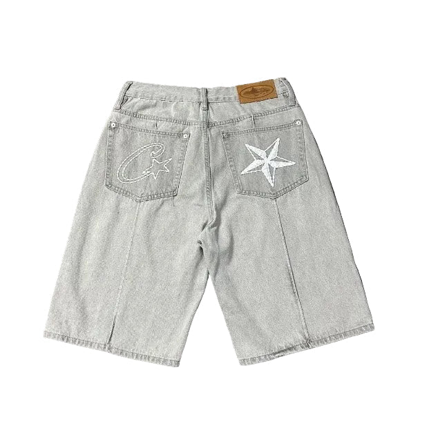 Corteiz C-Star Five-Point Star Embroidered Denim Shorts – Stone Wash Grey