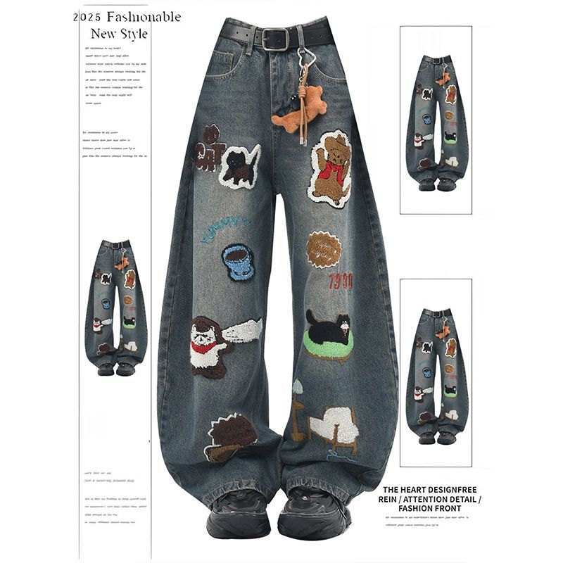 Vintage Cartoon Towel Embroidery Baggy Wide Leg Washed Denim Jeans