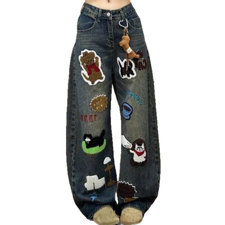 Vintage Cartoon Towel Embroidery Baggy Wide Leg Washed Denim Jeans