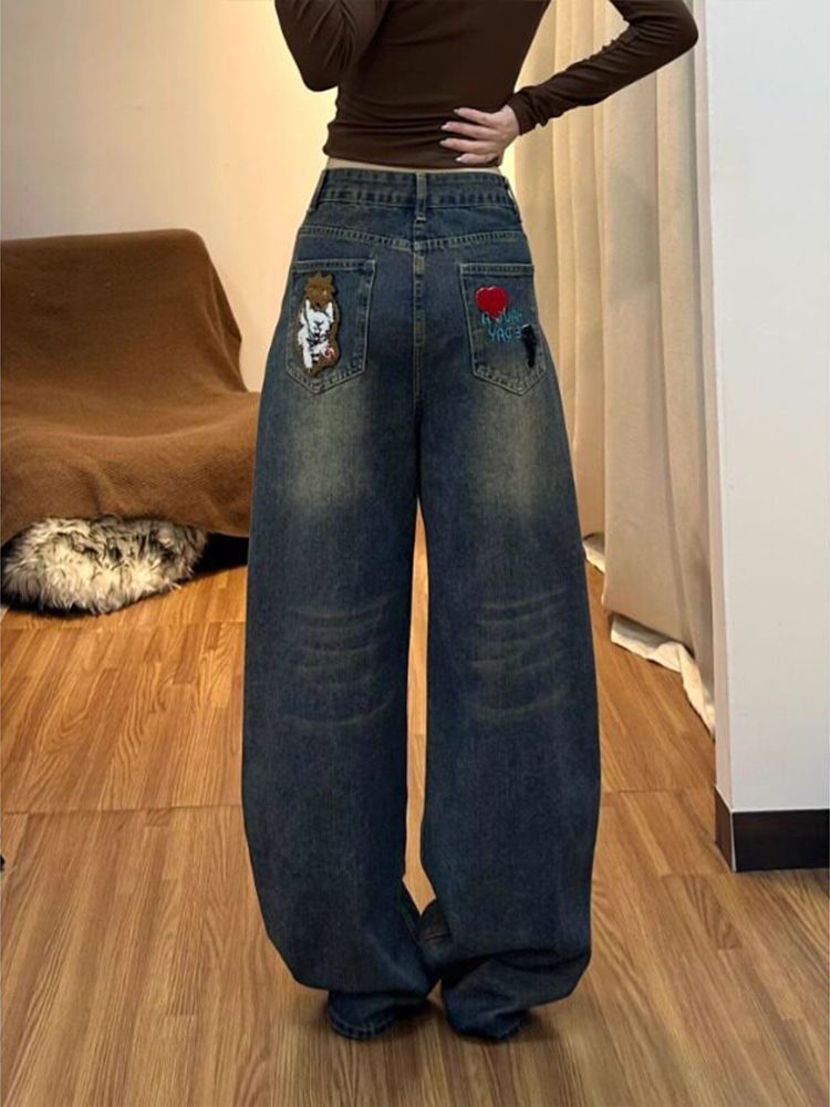 Vintage Cartoon Towel Embroidery Baggy Wide Leg Washed Denim Jeans