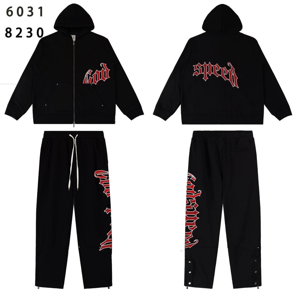 Godspeed Red Gothic Print Zip Hoodie Tracksuit Set
