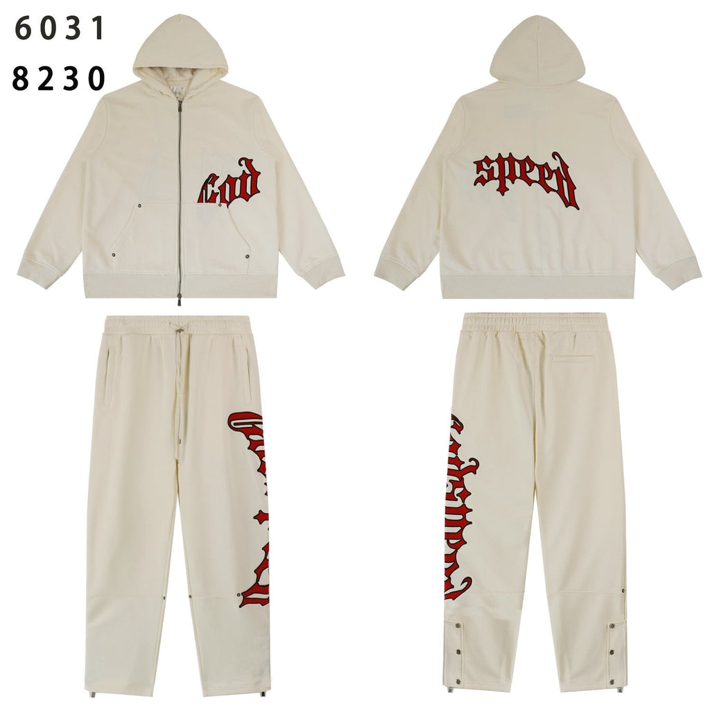 Godspeed Red Gothic Print Zip Hoodie Tracksuit Set
