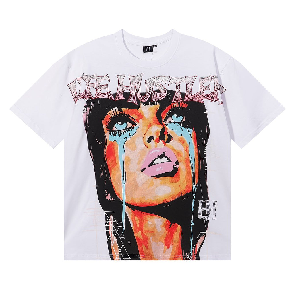Life Hustlere Crying Woman Rhinestone Graphic T-Shirt