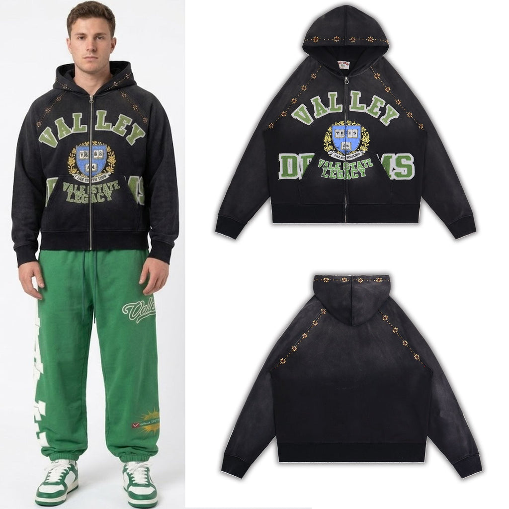 Valley Dreams Varsity Crest Washed Black Zip Hoodie