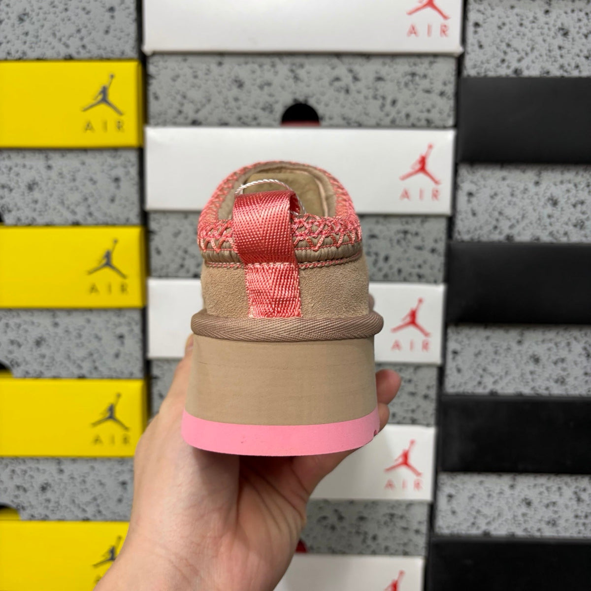 UGG Tazz Platform Slipper – Women’s Suede Clog with Pink Sole & Heart Embroidery in Sand