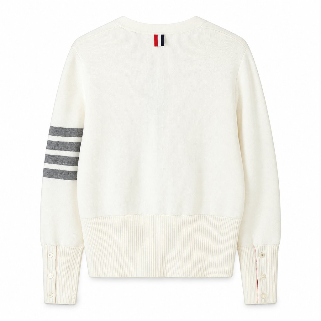 Thom Browne Style White Bow-Front Knit Cardigan