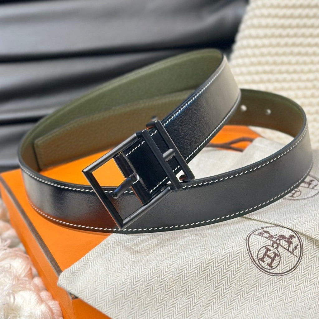 HERMES NATHAN REVERSIBLE BELT  32MM OLIVE GREEN AND BLACK LEATHER BLACK HARDWARE