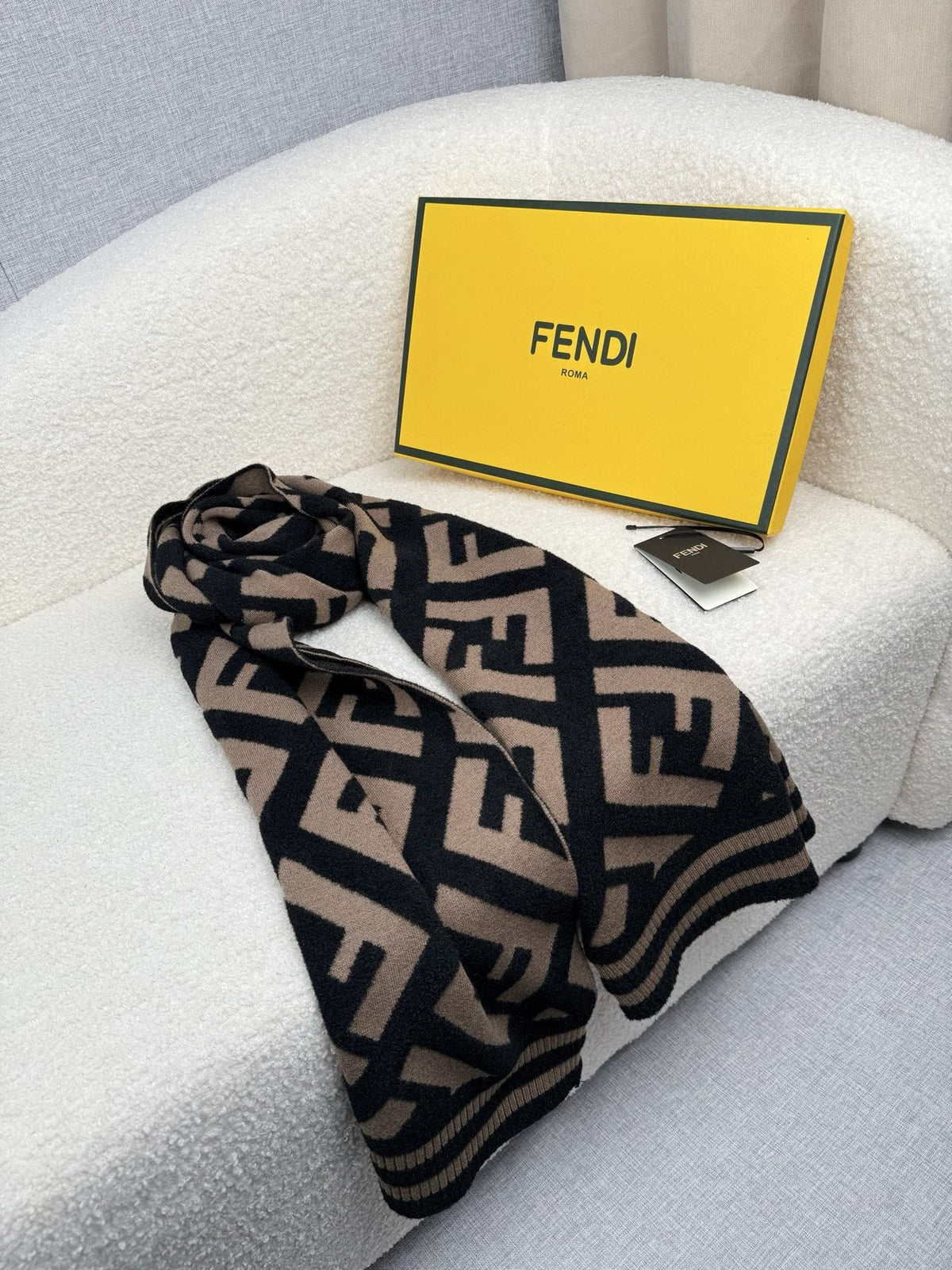 Fendi Black and Tan Monogram Knit Scarf