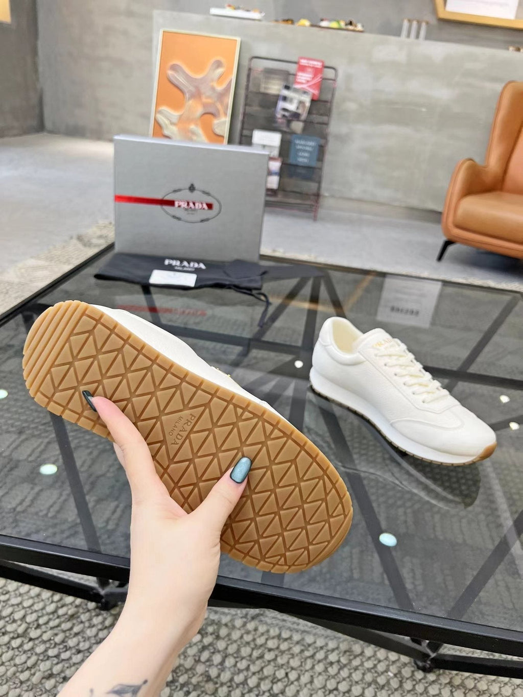 Prada White Beige Low-Top Sneakers