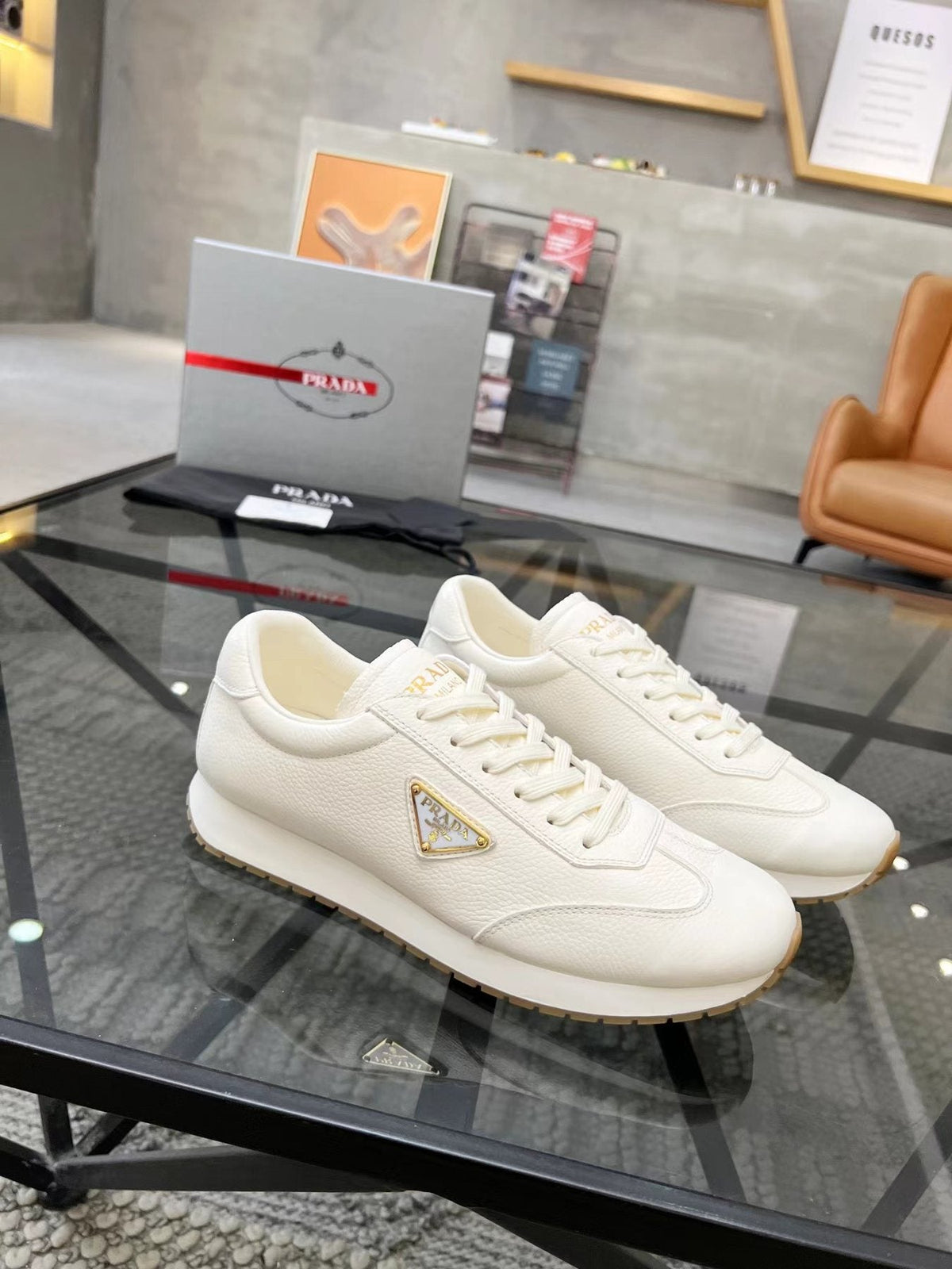 Prada White Beige Low-Top Sneakers
