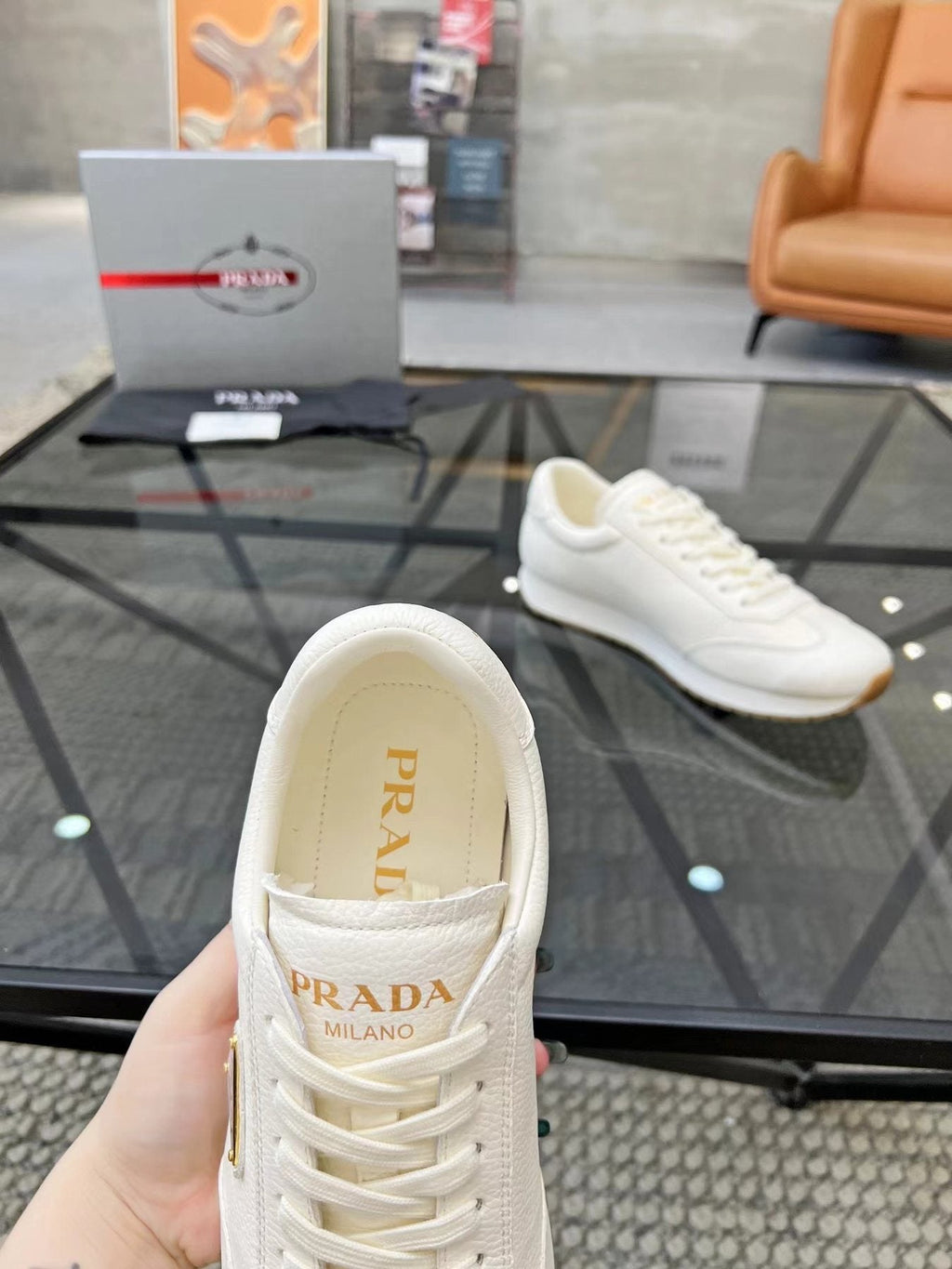 Prada White Beige Low-Top Sneakers