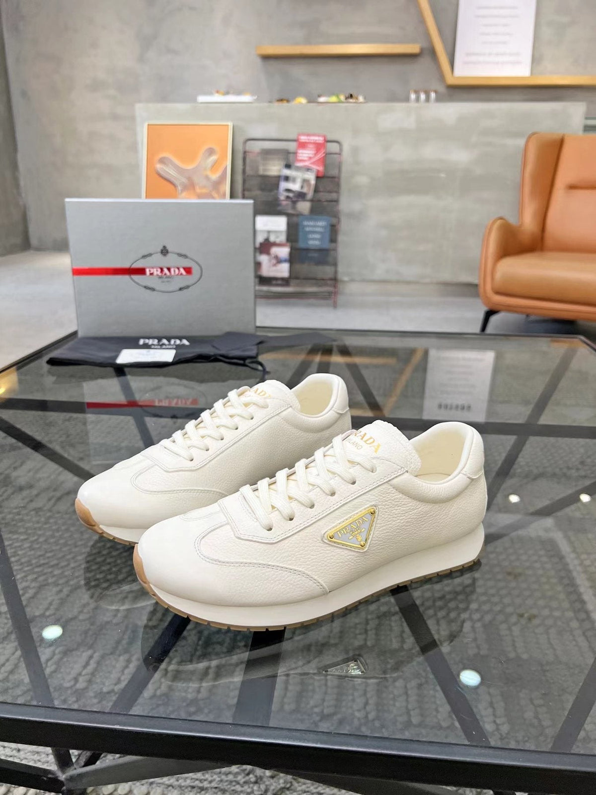 Prada White Beige Low-Top Sneakers