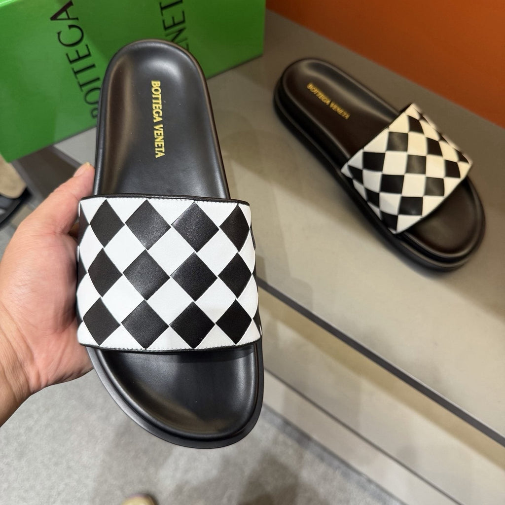 Bottega Veneta Checkerboard Slide Sandals - Black and White