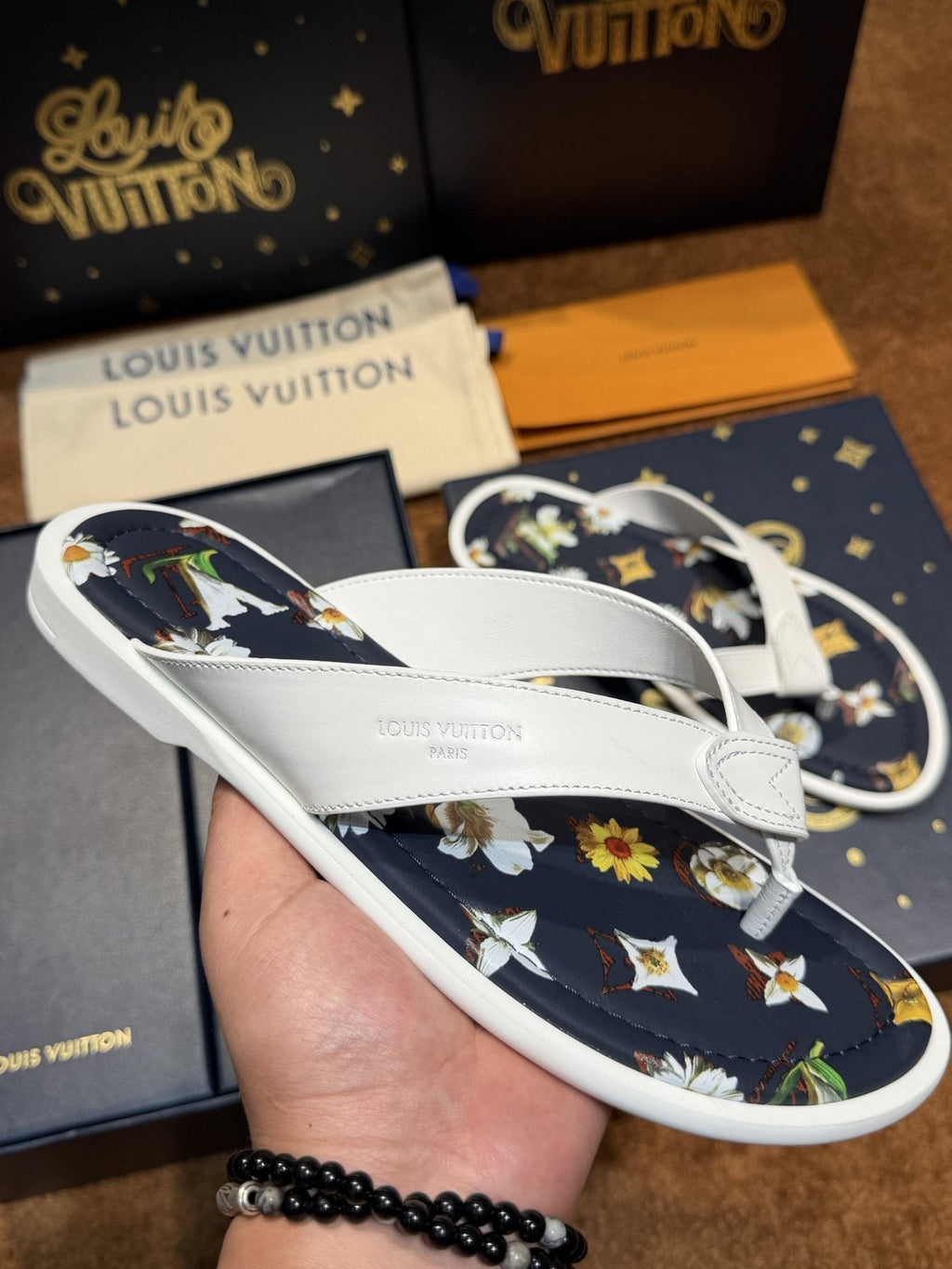 Louis Vuitton White & Navy Floral Flip-Flops