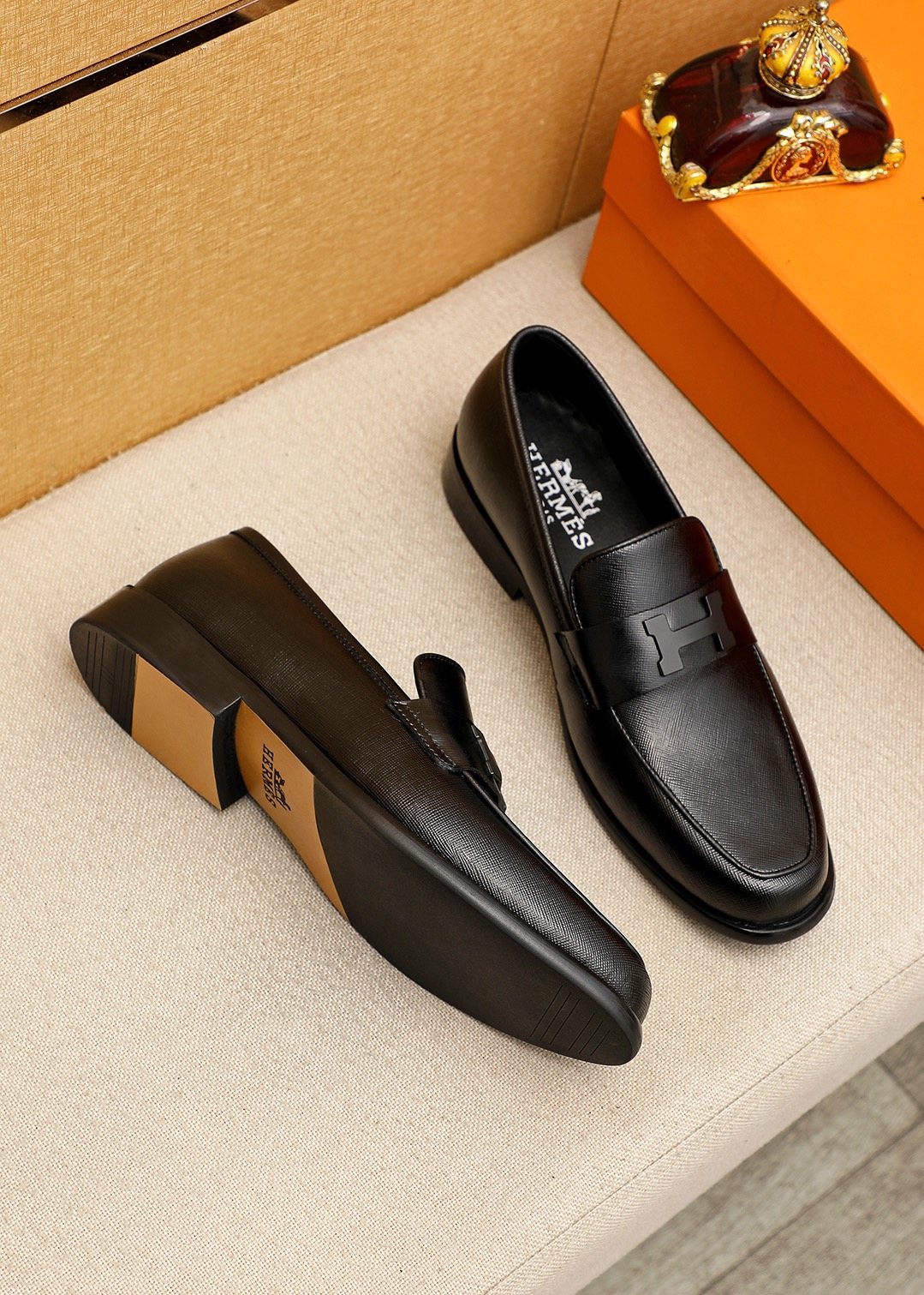 Hermès Black H-Strap Slip-On Loafers