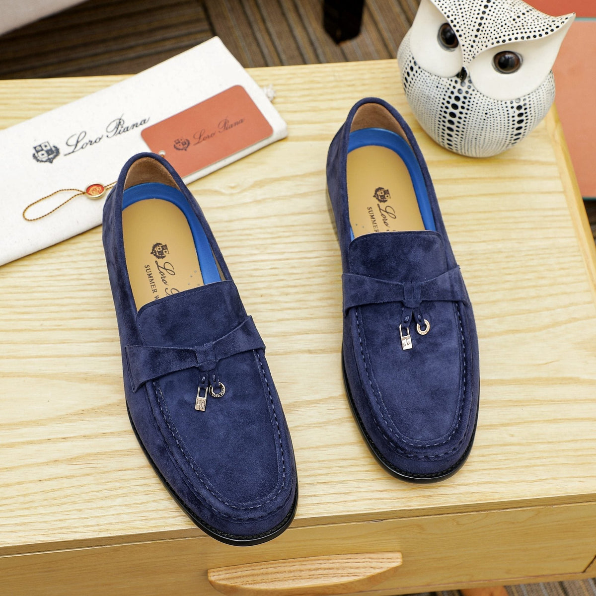 Loro Piana Navy Blue Metal-Bar Loafers