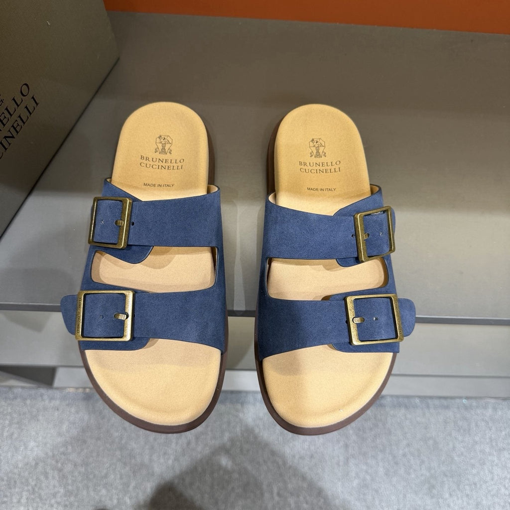 Brunello Cucinelli Men's Double-Buckle Slide Sandals - Textured Upper Straps