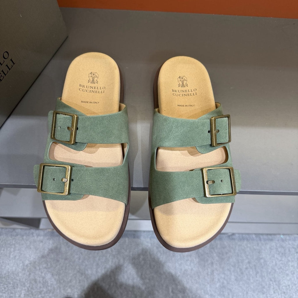 Brunello Cucinelli Men's Double-Buckle Slide Sandals - Textured Upper Straps