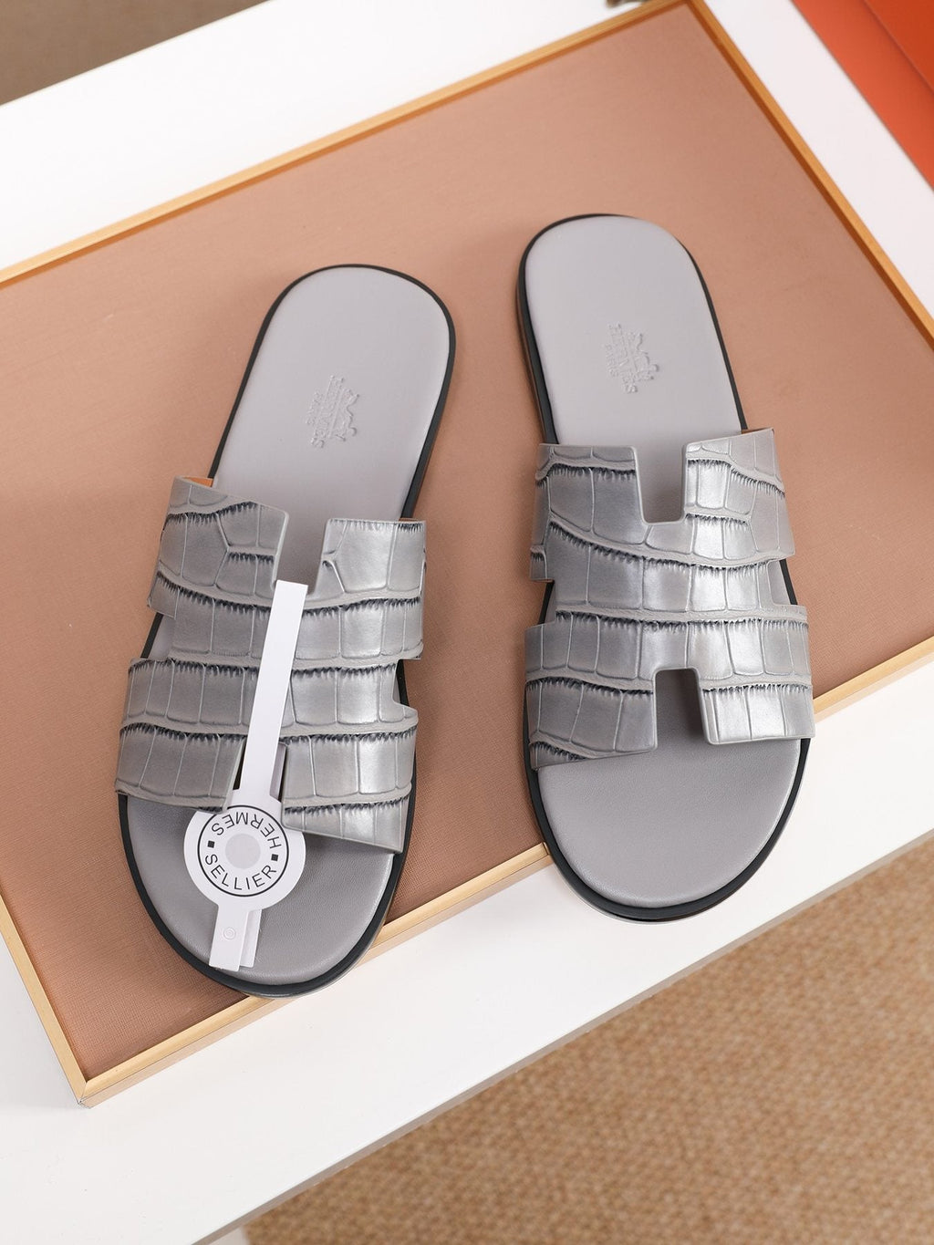 Hermes Textured H Slide Sandals