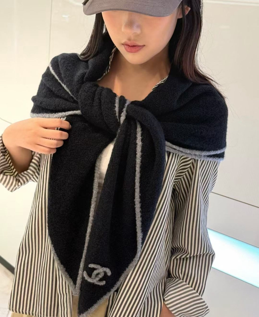 Chanel Black Ivory Trim Triangular Scarf