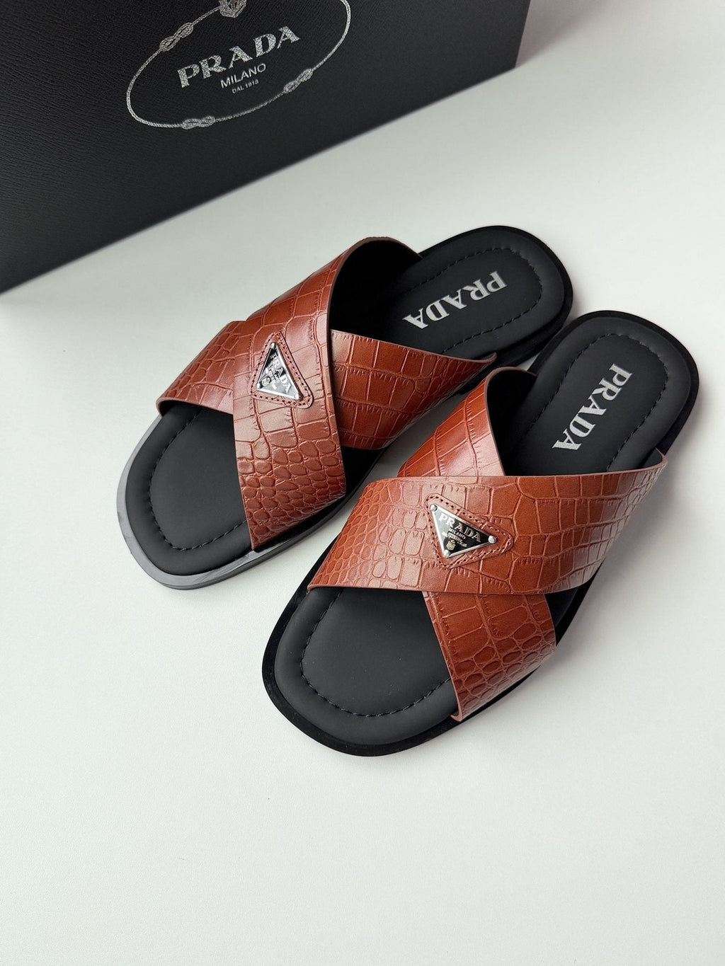 Prada Men's Croc-Embossed Cross-Strap Slide Sandals